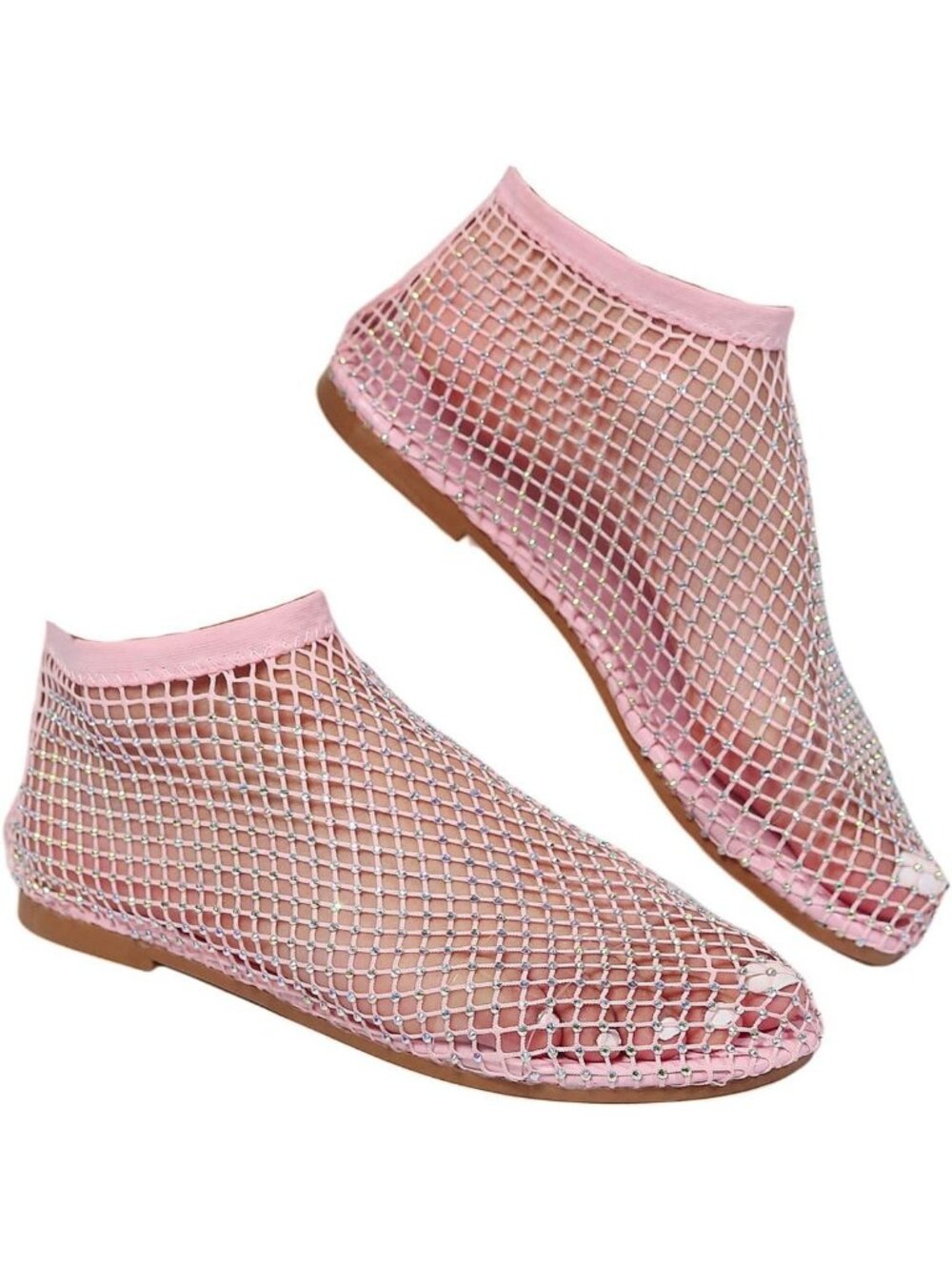 Women's Pink Mesh Comfortable Fishnet Low Heel Slip on Rhinestone Flats Shoes